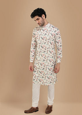 Off White Side Open Floral Print Kurta image number 0